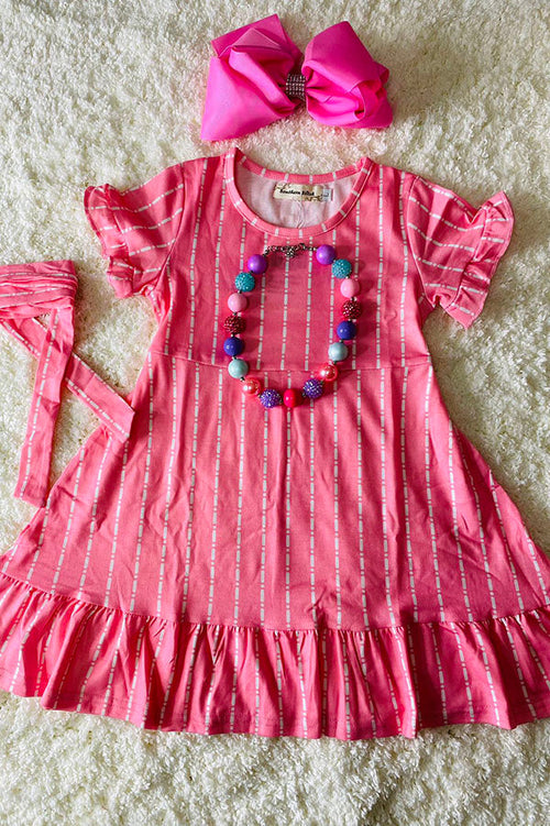 Buy Pink stripped ruffle short sleeve dress w/adjustable pink belt XCH0555-7H (A2S7)