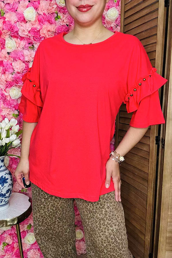 Red Short sleeve w/double ruffle & bronze stud women blouse BQ15871