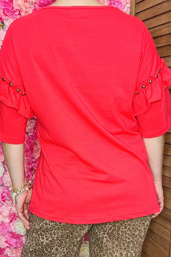 Red Short sleeve w/double ruffle & bronze stud women blouse BQ15871