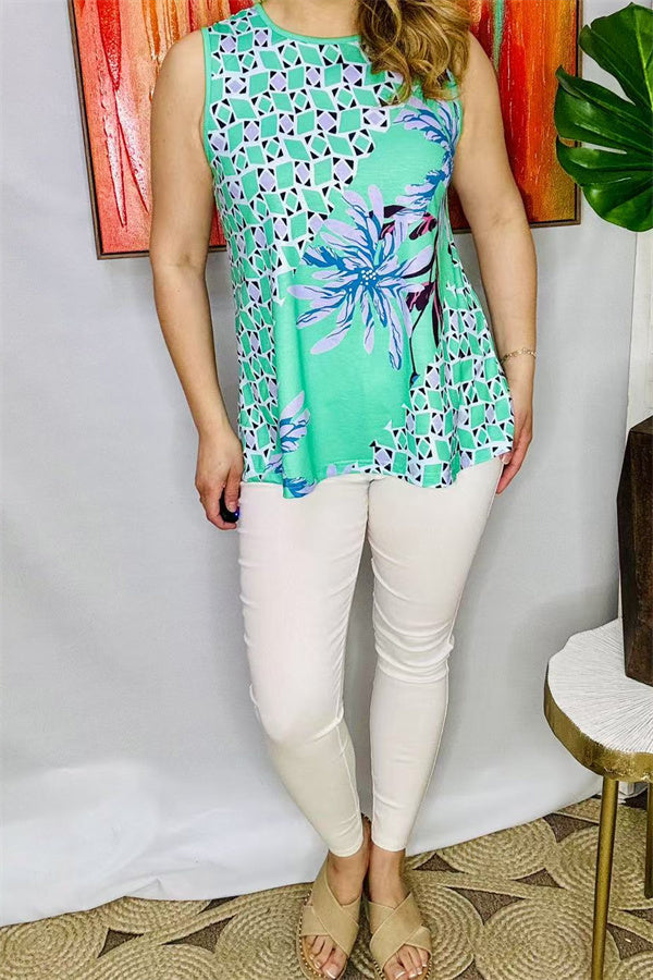 Shop summer Green floral printed sleeveless women tank top XCH15946.(DS1)