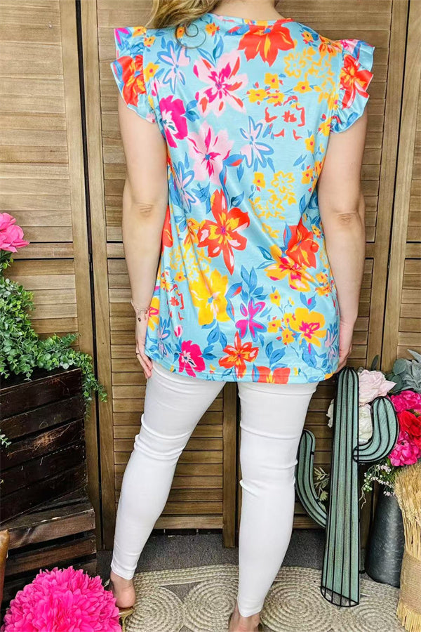 Wholesale summer Floral printed flutter sleeve women tops w/V-neckline GJQ15909 IS8